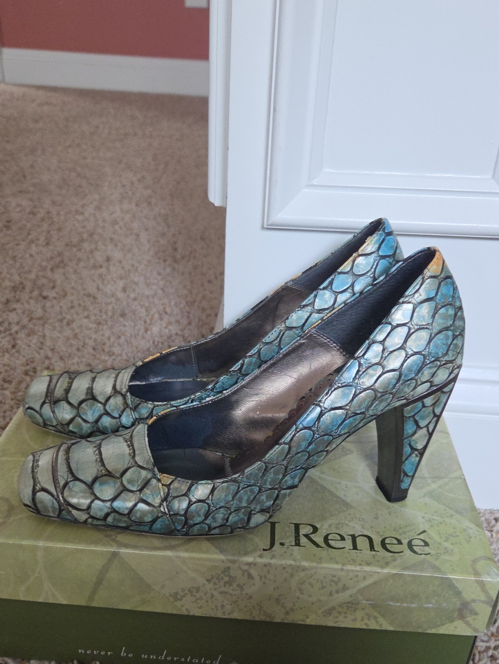 J.Renee Teal and Gold Scale-Pattern Heels